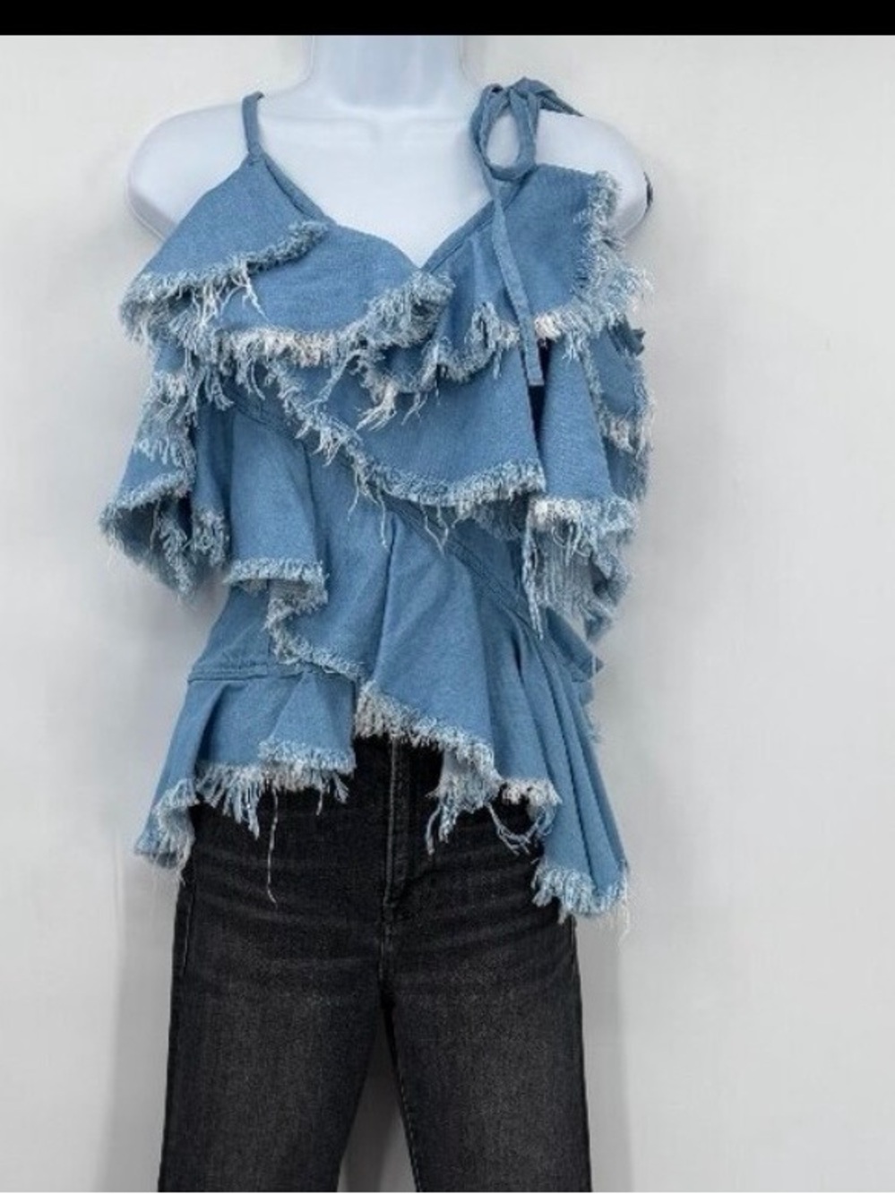 Marques’Almeida Luxury Frayed Ruffle Denim Top Light Blue Designer Boho L NWT